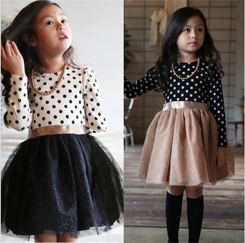 

Girl dress Long Sleeve Black White Dot Dresses for Girls Clothes Spring Kids Children Clothing Princess Dress