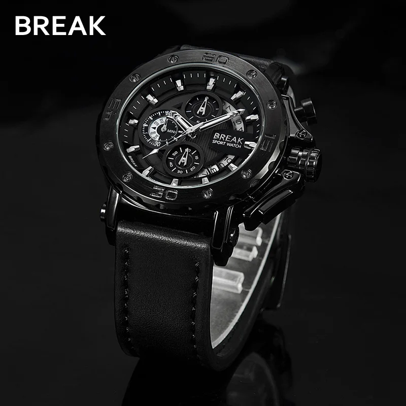 BREAK Mens Watches Top Luxury Brand Waterproof Sport Wrist Watch Chronograph Quartz Military Genuine Leather Relogio Masculino
