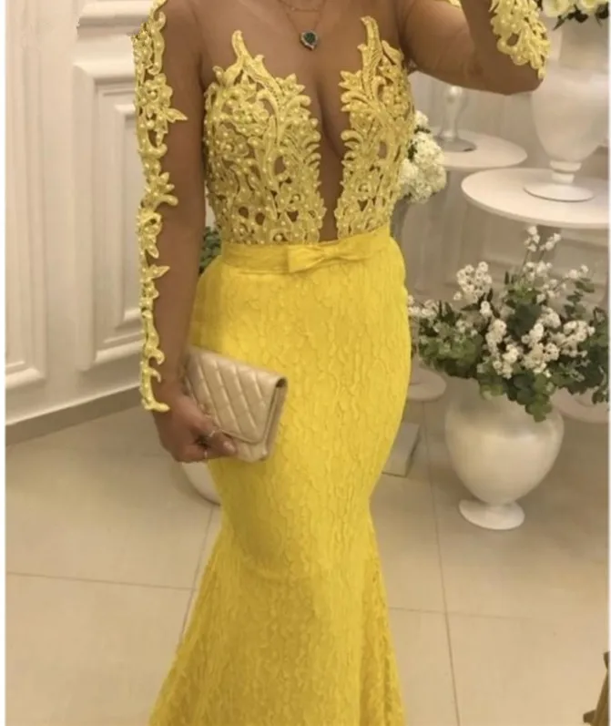 JaneVini, элегантное кружевное желтое платье русалки для выпускного вечера, с глубоким декольте, с аппликацией из бисера, с длинным рукавом, вечерние платья, Bestidos De Gala