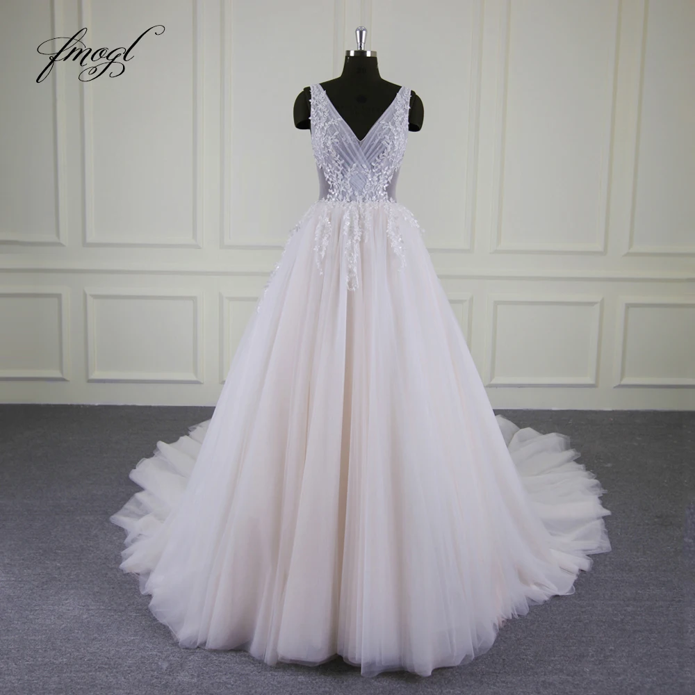 Fmogl Vestido De Noiva V шеи Линия свадебное платье 2019 г. пикантные аппликация на прозрачном