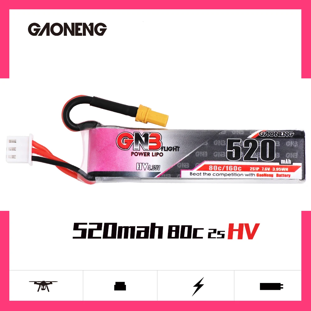 2 шт Gaoneng GNB Lipo аккумулятор 520mAh 7,6 V 80C 2S HV 4,35 V перезаряжаемый RC аккумулятор XT30 Разъем для RC FPV Дрон Квадрокоптер