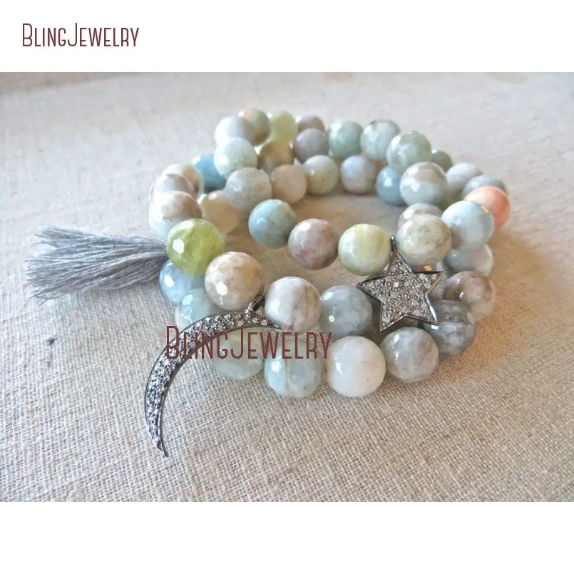 

CZ Pave Moon Crescent and Star Bracelet Green Agates Beads Gray Tassel Strand Bracelet Set of 3 SE20663
