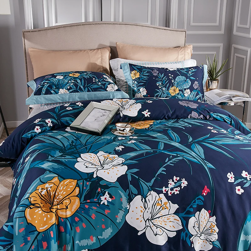 High Density 100S Bedding Sets Navy Blue Plant 3D Flower Printed 4pcs Bed Linen Set Cotton Double Bedsheet Set Queen King Size