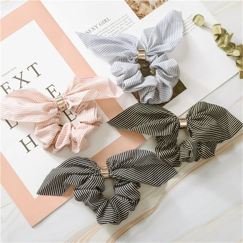 

Korean Fashion Elastic Stripes Hair Bands Girls Women Hair Accessories Bunny Rabbit Ears Scrunchies Rubber Band Cute Headdress