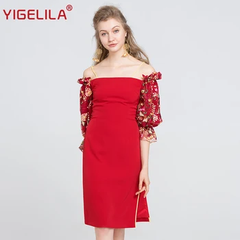 

YIGELILA Fashion Women Red Off Shoulder Dress Sexy Slash Neck Embroidery Lantern Sleeve Split Knee Length Sheath Dress 63278