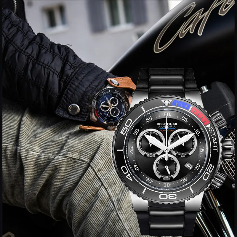 

Reef Tiger Brand Mens Watches Quartz Top Luxury Business Chronograph Rubber Waterproof Sport Watch Men relogio masculino RGA3168