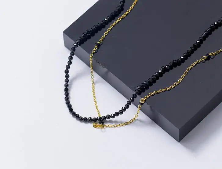 2 мм реальные. 925 пробы серебряные ювелирные изделия двойной ряд Черный шпинель камень чокер короткое ожерелье с золотой Роло цепи GTLx1669