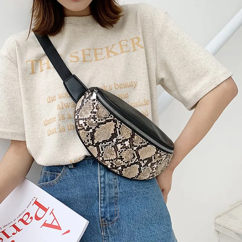 

2019 Fashion Snake Leather Print Splice Fanny Pack for Women Girls Sports Waist Fanny Strap Shoulder Crossbody Bags Money Pocket