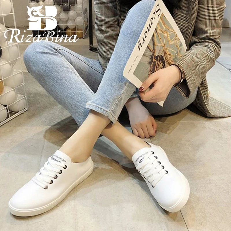 

RIZABINA 2019 New Style Women Flats Shoes Fashion White Shoes Women Lace Up Casual Shoes Daily Street Footwear Size 35-39