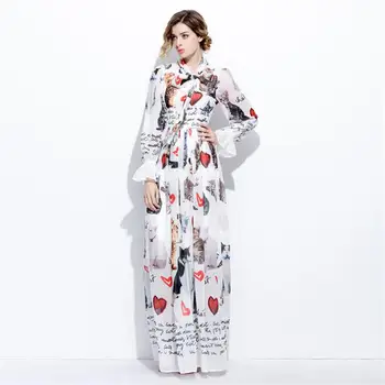 

Women Spring Summer Dress 2019 High Quality Runway Dresses Long Sleeve Cat Printed Maxi dresses Casual Dress Vestidos SAD584