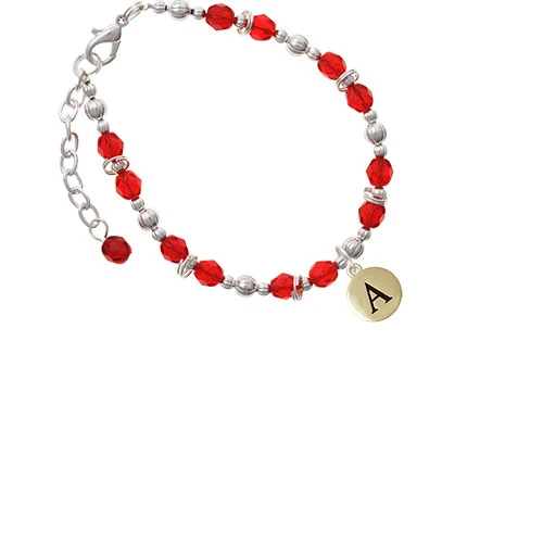 Goldtone Capital Letter - A - Pebble Disc - Red Beaded Bracelet