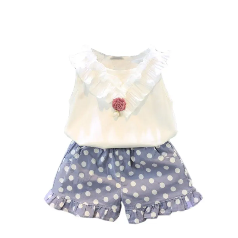 

New Children Kids Baby Girls Outfit Cotton Sleeveless Vest T-shirt + Dots Shorts Children Clothing Sets