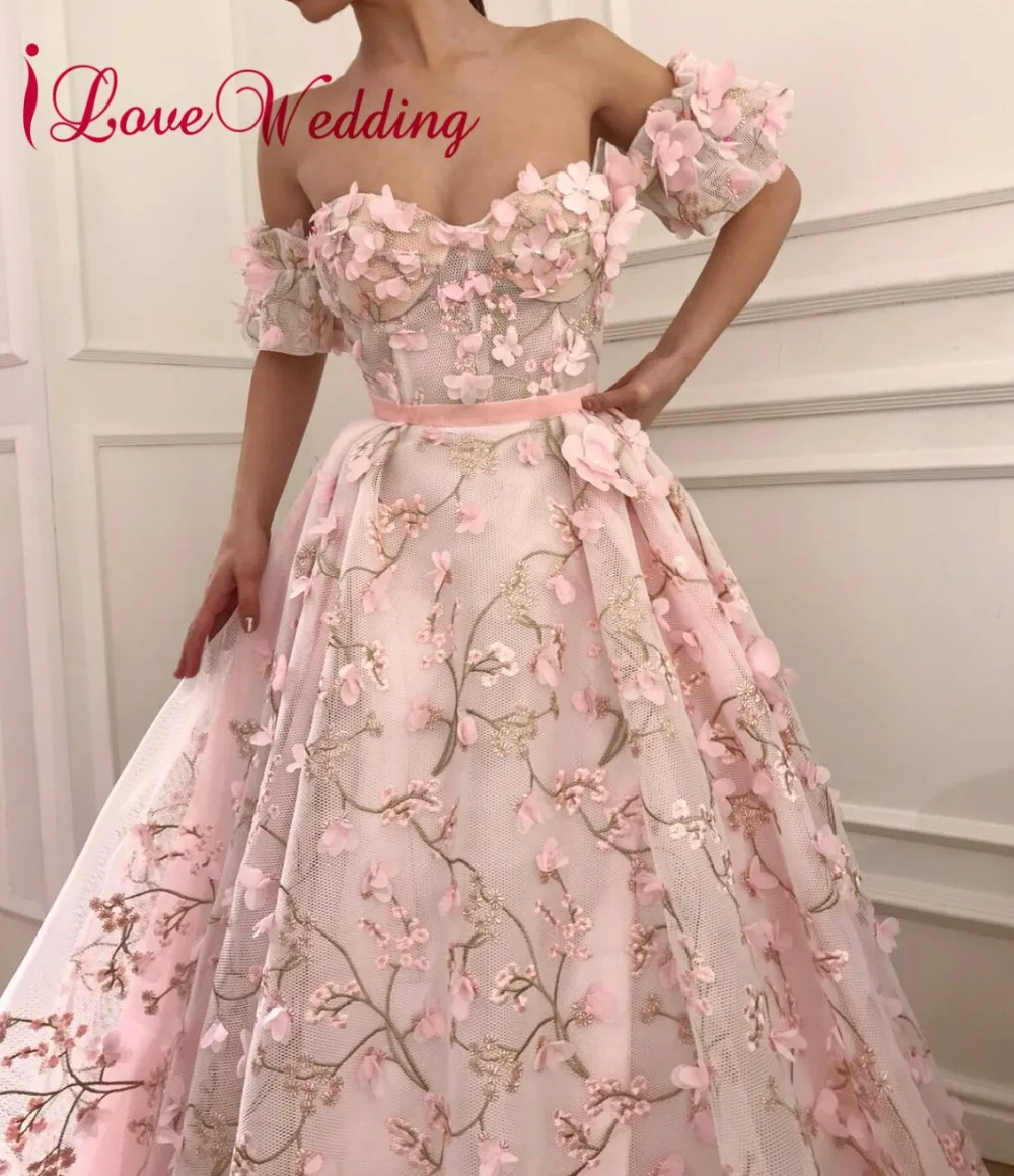 ILoveWedding 2018 Милая 3D кружево цветы ручной работы индивидуальный заказ линии Розовый Элегантный Выпускные вечерние платья