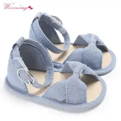Летняя детская обувь для новорожденных Женская Пряжка лук мягкой кроватки обувь хлопок Кроссовки 0-18 месяцев