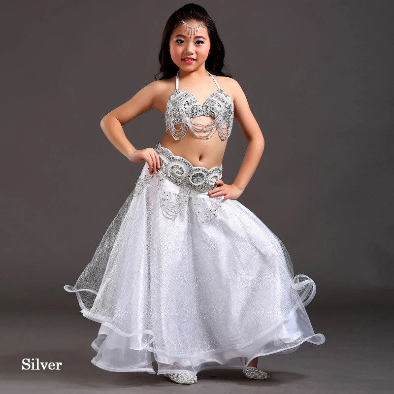 Новые детские костюмы для танца живота, танцевальная одежда для девочек, одежда для выступлений, детские костюмы для восточных танцев, индийские костюмы для танца живота, комплекты из 2 предметов/3 шт - Цвет: Silver