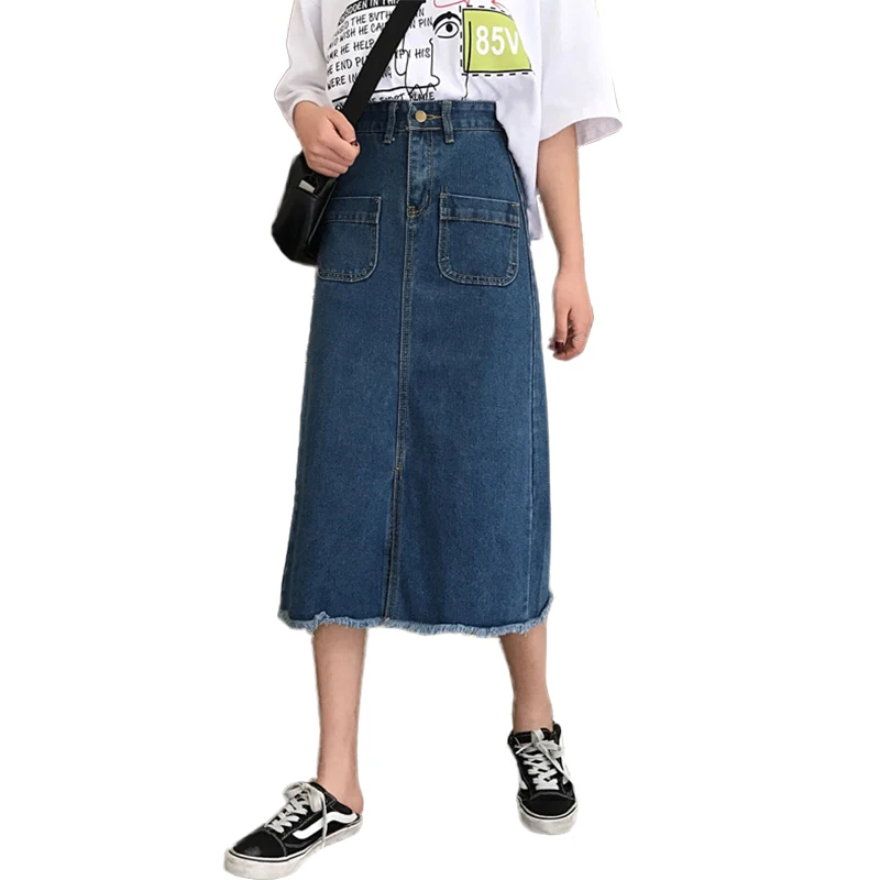 

2019 Summer Streetwear Denim Skirts Womens High Waist Plus Size Button Pockets Jeans Skirt Casual A-line Midi Skirt jupe femme