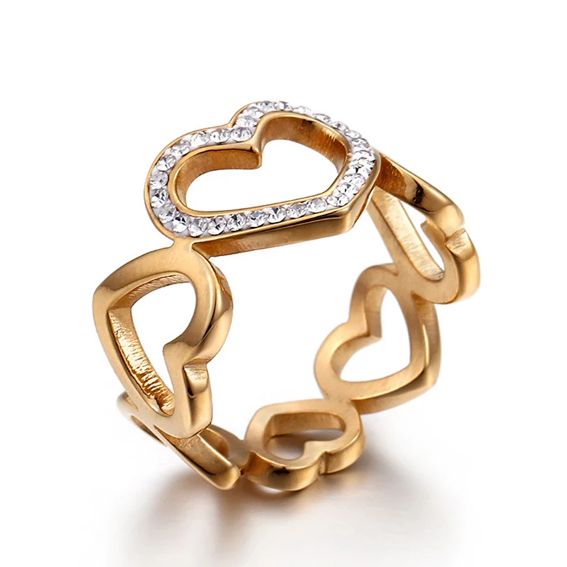 

Wedding Ring for Women Gold Color Stainless Steel Hearts Engagement Ring Crystal Love Ring Jewelry Gift for Lover