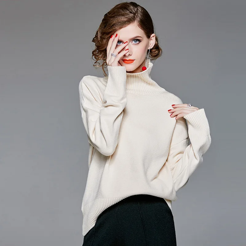 Solid elastic knit turtleneck loose sweater 2018 new long sleeve women autumn pullovers sweater