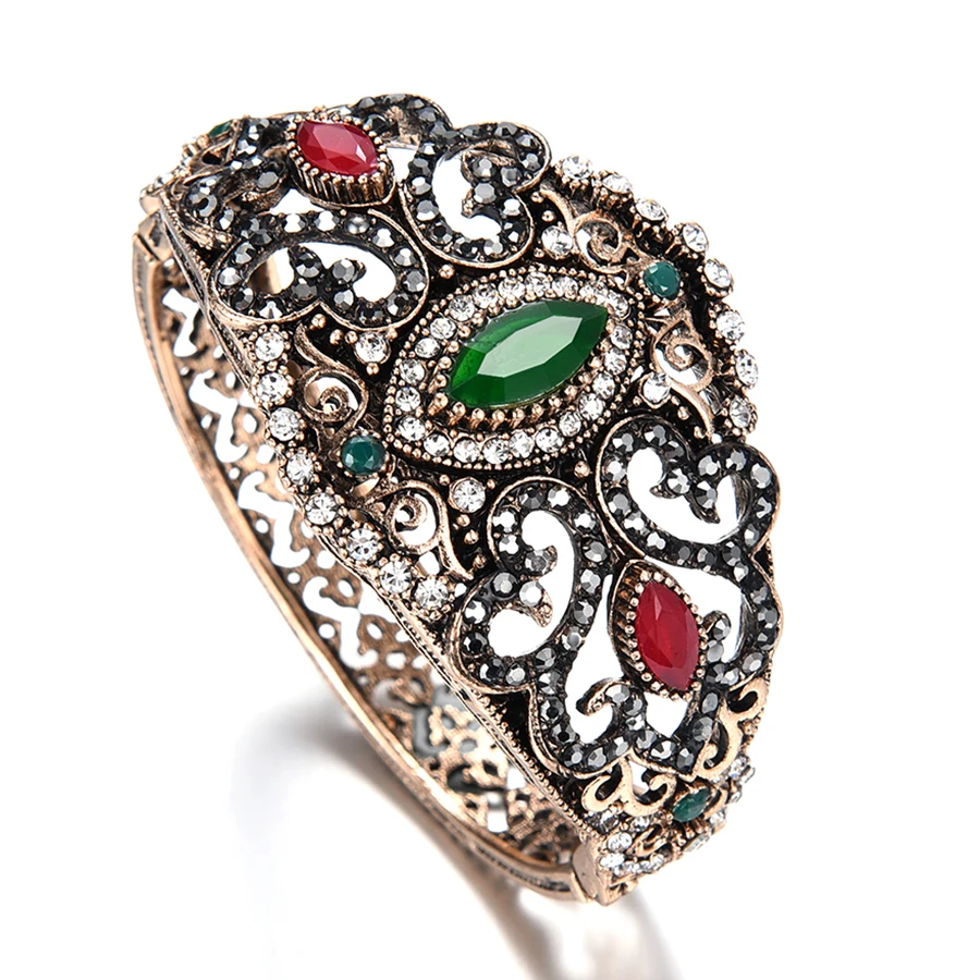 

Turkish Jewelry Wide Big Size Green Red Resin Bangles Antique Gold-color Vintage Retro Cuff Bangle for Women Crystals Bracelets