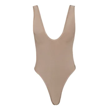 

Women Sexy DV Neck Backless Beige Rayon Bandage Bodysuit 2018 One Piece Bodycon Bodysuit