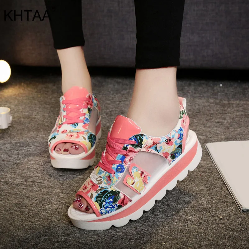 

KHTAA Women Summer Lace Up Floral Sneakers Fashion Students Open Toe Platform Casual Wedges Shoe Ladies Soft Outdoor Mesh Shoes