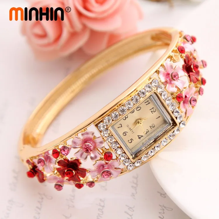 Часы MINHIN Brilliant, 5 цветов, браслет для женщин, золотой цвет, Хрустальный цветок, дизайн, Браслет-манжета, кварцевые часы, повседневные наручные часы