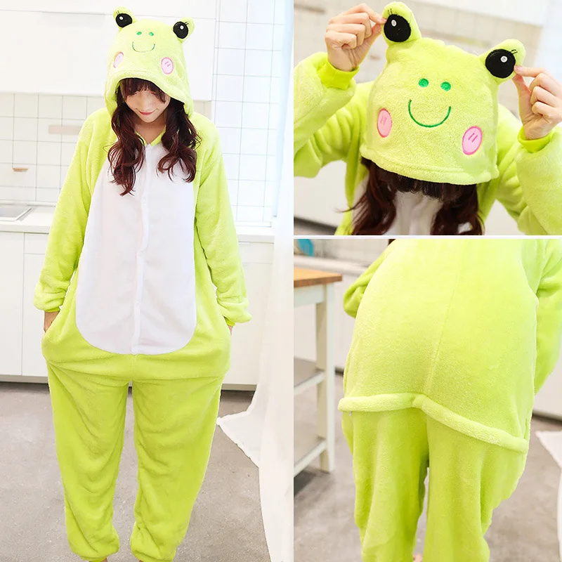 Единорог Косплей Ститч панда унисекс фланелевые пижамы взрослые аниме животные комбинезоны зимние теплые пижамы Толстовка для женщин и мужчин - Цвет: Frog