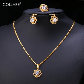 

Collare Cubic Zirconia Wedding Jewelry Sets For Women Gold/Silver Color Rose Flower Earrings Ring Necklace Sets S101