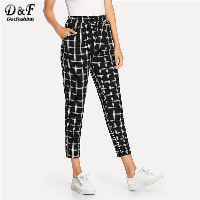 

Dotfashion Black And White Plaid Drawstring Waist Checked Pants Women Casual Autumn Tapered Carrot Ladies Spring Crop Trousers