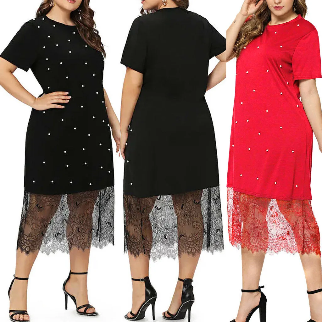 SAGACE Fashion Women Plus Size Casual O-Neck Short Sleeve Pots Printed Lace Dress Dot A-Line Summer Casual travel Dress July 17