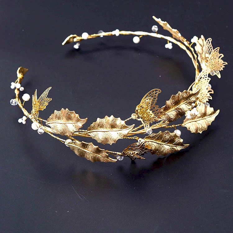 

Golden Leaves Baroque Bridal Tiaras Butterfly Imperial Crown Headbands wedding Hair accessories Bridal Headpiece