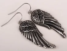 Alas del ángel cuelga los pendientes largos para las mujeres de acero inoxidable 316L del motorista punky de la joyería de plata al por mayor del tono moda 2015 EC23