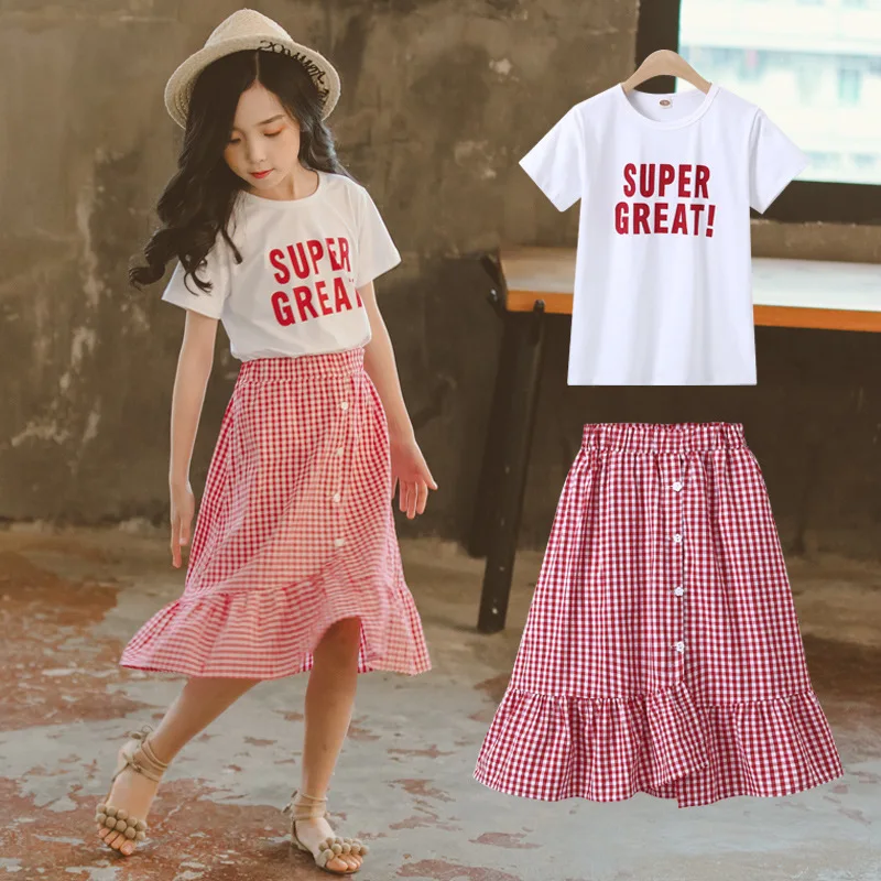 

Girls clothes Kids Summer cotton suit Long Skirt and tshirt suits Toddler girls clothes Fashion plaid clothing sets