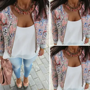 

Womens Ladies Retro Floral Zipper Up Bomber Jacket Casual Coat Outwear Autumn Winter Motorcycle Biker Jacket