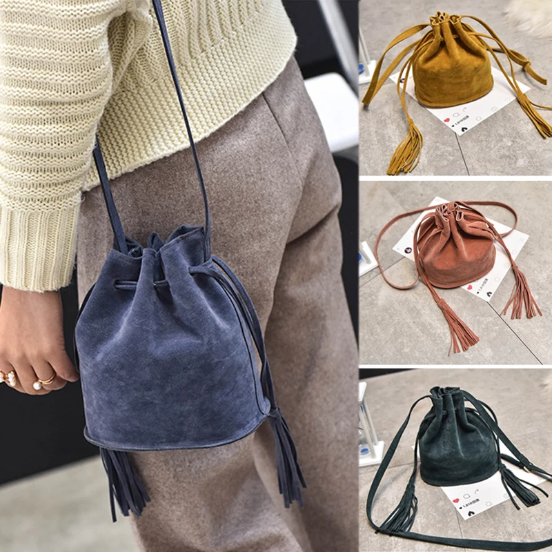 Tassel Drawstring Bucket Bag Messenger Crossbody Shoulder Bags Women's