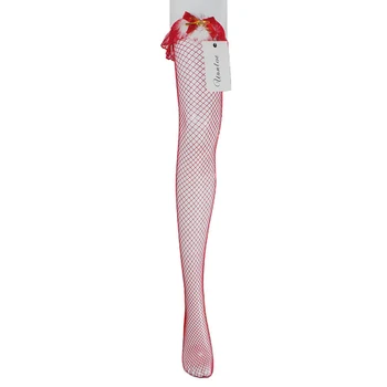 

BEILEISI Women's Sexy Red Fishnet Thigh High Christmas Stockings with Marabou Bow Jingle tiny bells over the knee socks ingerie