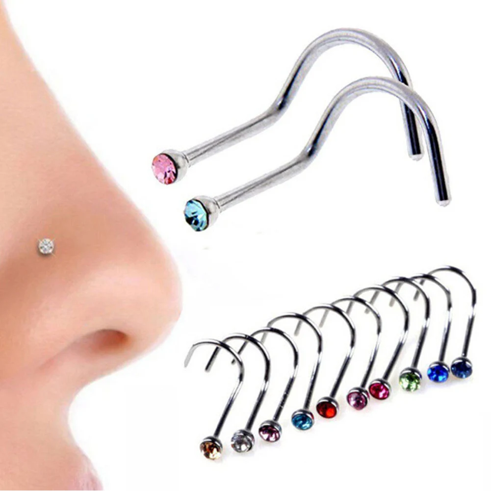 

2PCS Surgical Steel Small Gem Crystal Screw Nose Stud Nose Ring Hoop Piercing Nose Rings Studs Hiphop Rock Body piercing jewelry