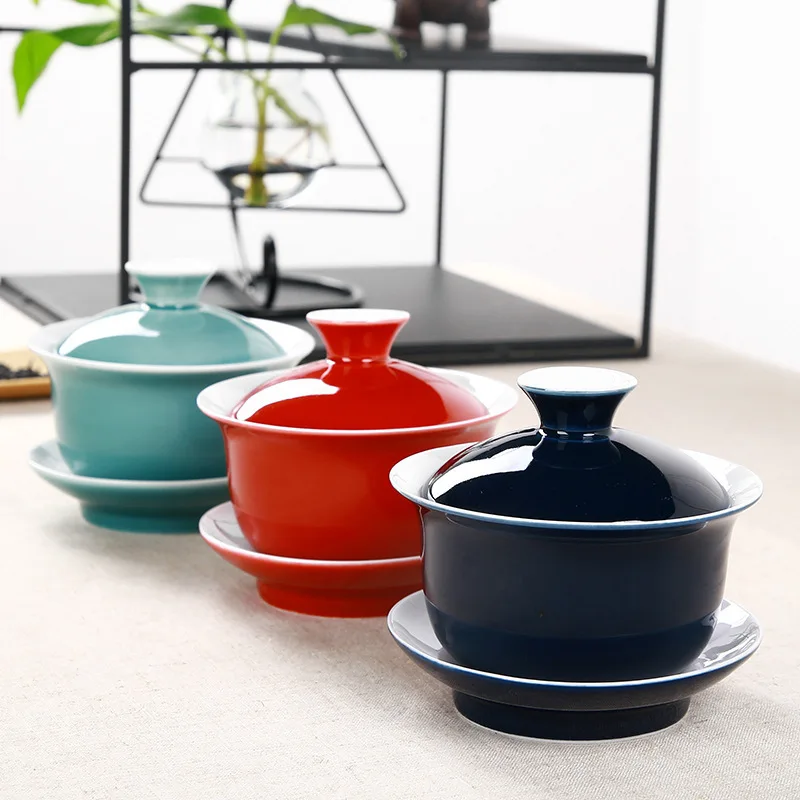 Индиго глазурь керамический чай Tureen чашка ручная роспись красная крышка