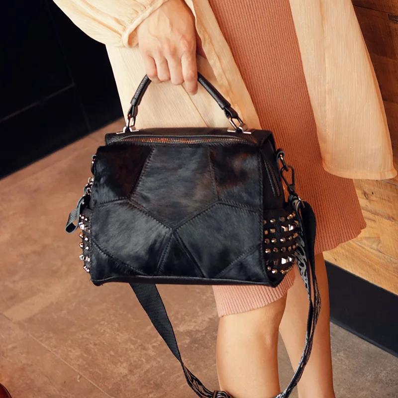 Прошитая женская сумка из конского волоса Новая мягкая кожаная сумка через плечо корейская модная сумка с заклепками дикая сумка-мессенджер