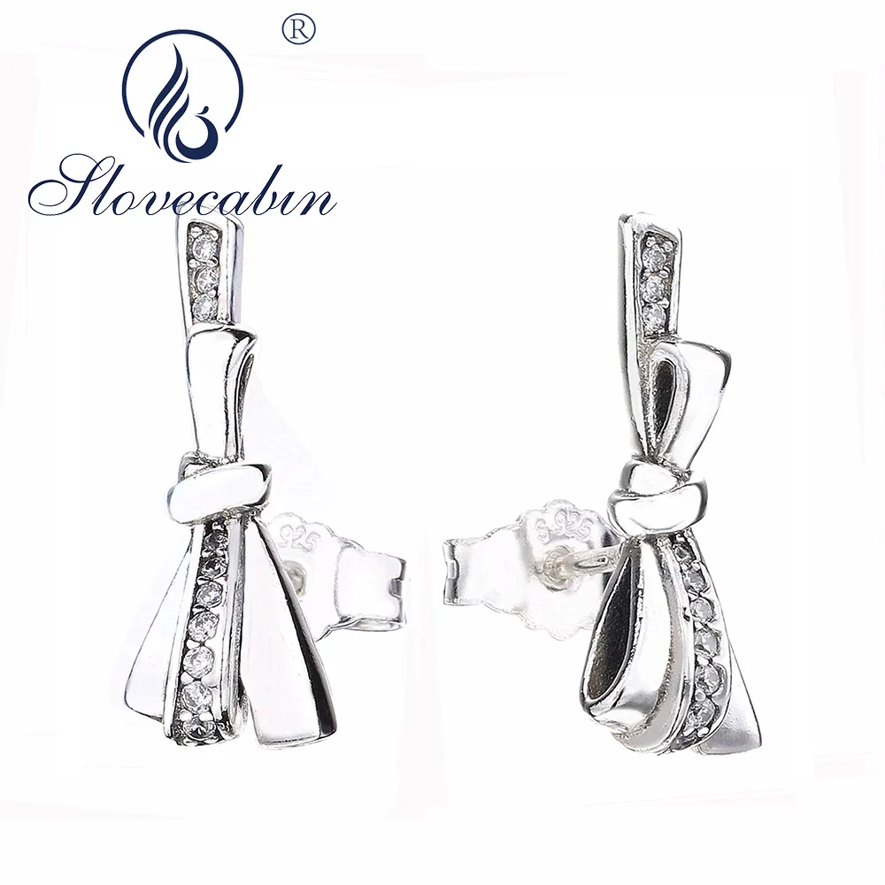 Новое поступление года. 925 пробы серебряные серьги-гвоздики с бантом на день матери. Блестящий бант из кубического циркония
