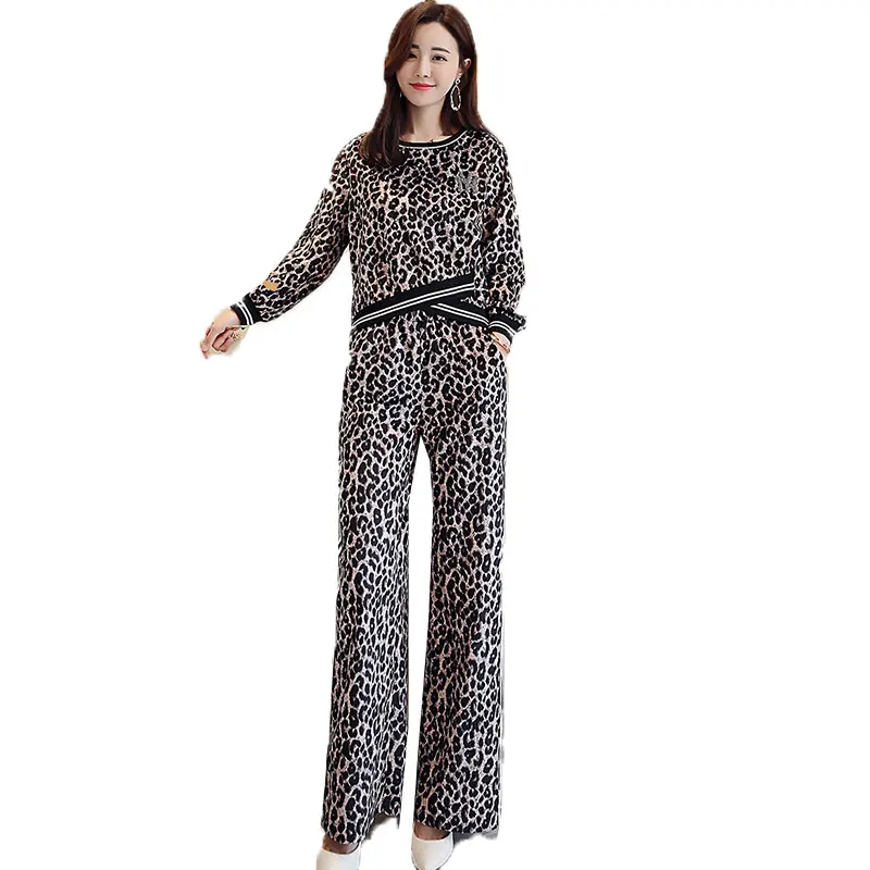 

2019 Spring New Leopard Two Piece Set Women Fashion Wide-leg Pants Large Size Casual 2 Piece Set Women Harajuku Trouser Suit 175