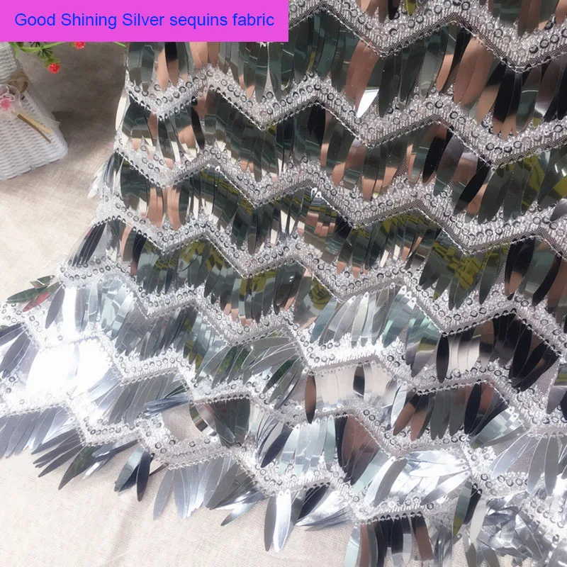 

Good Shining Silver Sequins Mesh fabric Embroidered Wave Tassel Sequins Net Fabric DIY Sewing Wedding Dress Nightclub Wide 128cm