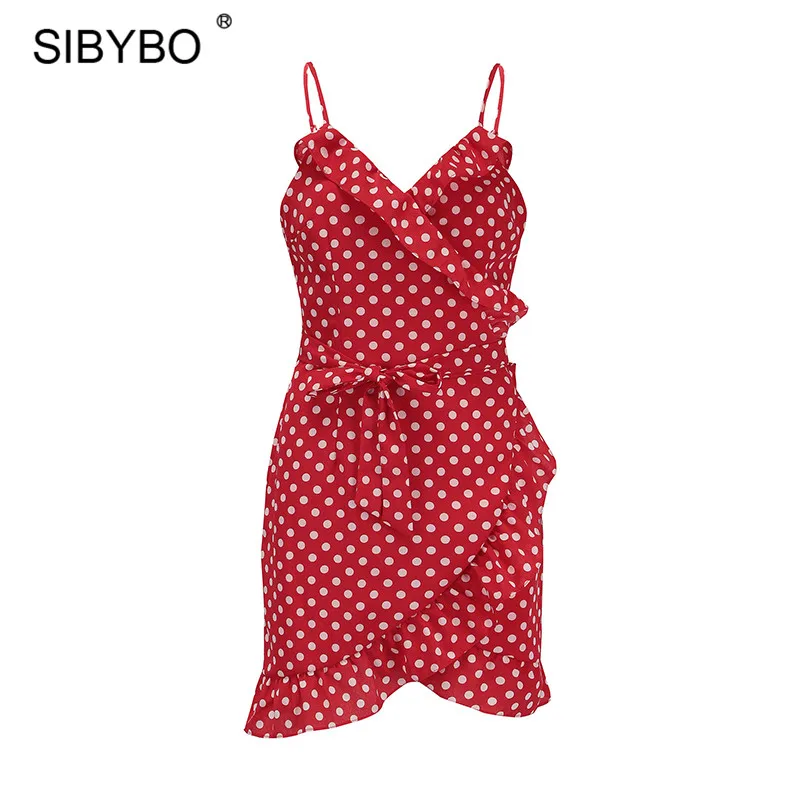 SIBYBO летнее женское платье красного цвета с оборками в горошек,, повседневное, Деревенское, бохо, высокая талия, сексуальное мини-платье на бретелях, пляжные платья