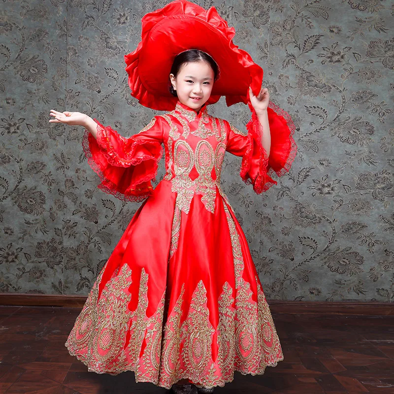 

Retro Children's Costumes Girls Birthday Party Turtleneck Three Quarter Ruffles Sleeve Performance Royal European Court Dress