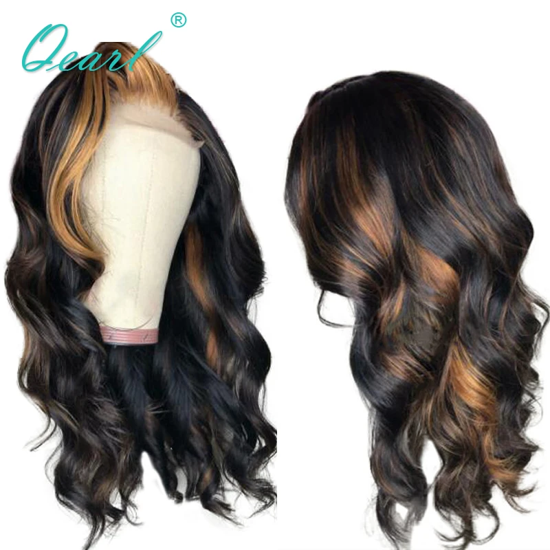 

Ombre Highlights Color Lace Front Wig Human Hair for Women Pre plucked Wavy Remy Hair with Baby Hair 13x4 150% Density Qearl