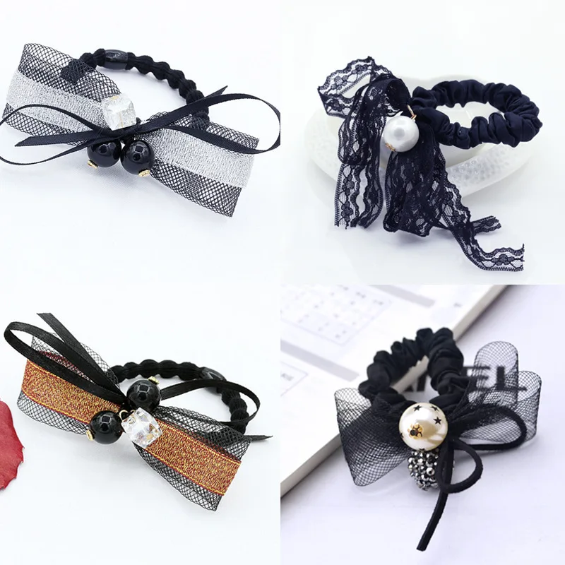 

Mesh ribbon bow elastic hair band Korean version of the pearl rose rhinestone hair rope fashion female hair accessories