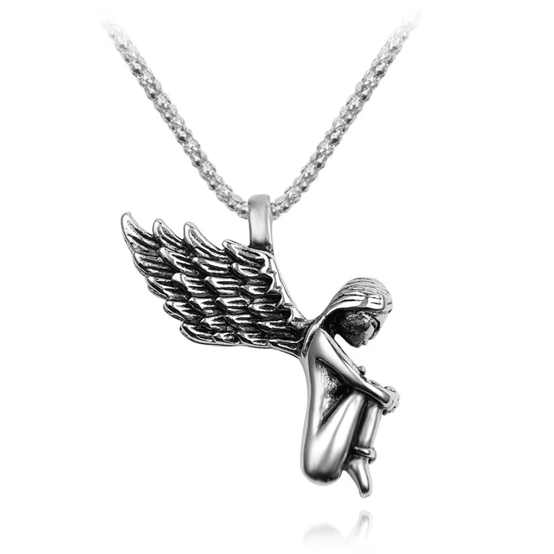 

Mens Silver Tone Long Wings Angel Girl Cherub Pendant Necklace for Woman Jewelry