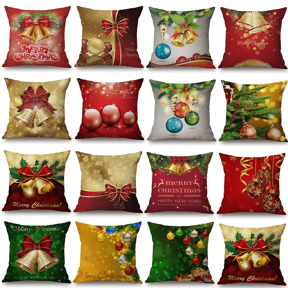 

Merry Christmas Cushion Cover Merry Xmas Christmas Tree Jingle Bell Linen Beige Pillow Case 45X45cm Bedroom Sofa Decoration