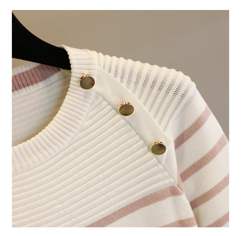 GIGOGOU женский пуловер свитер весна осень Половина рукава пуловеры с кнопками Украшенные полосатые трикотажные свитера женские топы