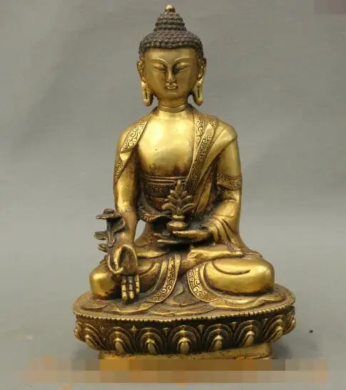 

S01034 8" Folk Chinese Bronze Buddhism Menla Medicine Buddha Medical God Lotus Statue (B0328)